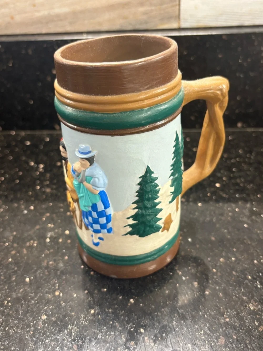 Hand-Painted Ceramic Beer Stein with Evergreen Scene lightweight